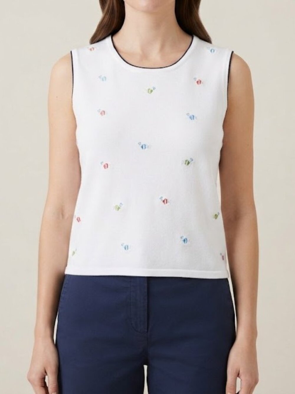 C. J. Banks White with Black Trim & Embroidered Clown Fish Tank Top